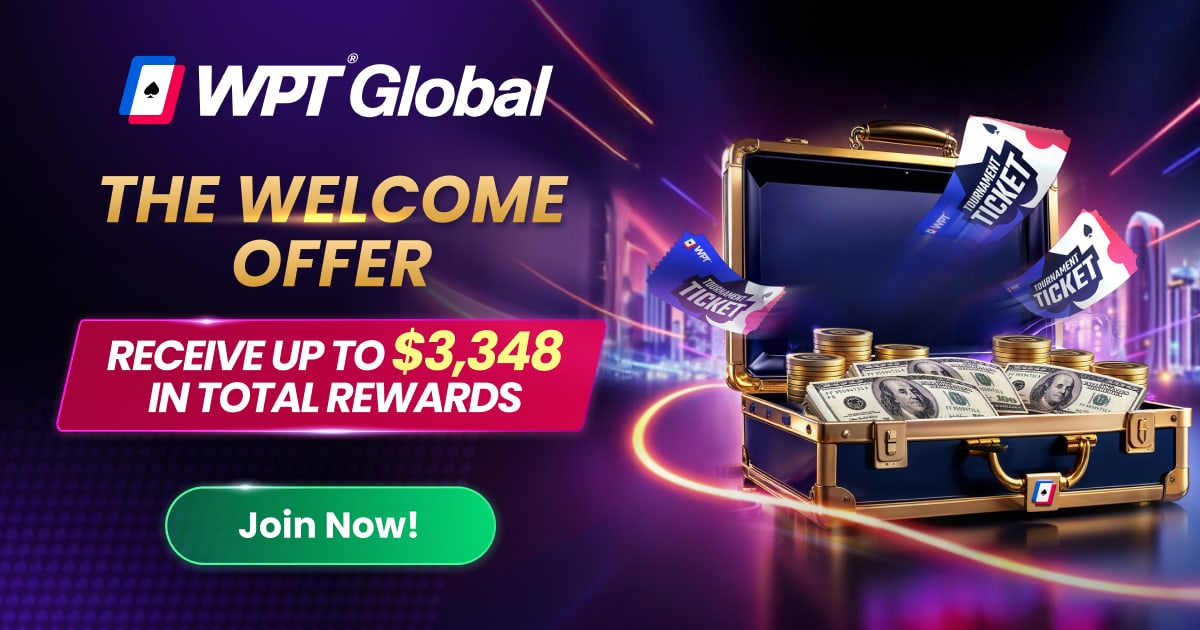 WPT Global welcome offer 2026 — up to $3,348 in total rewards for new players
