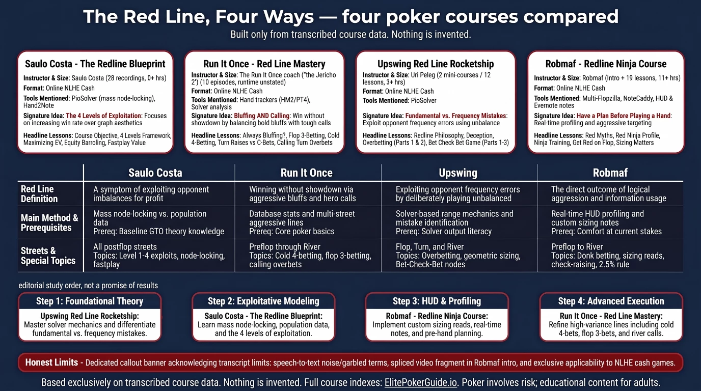 Infographic comparing four red line poker courses: Saulo Costa, Run It Once, Upswing and Robmaf