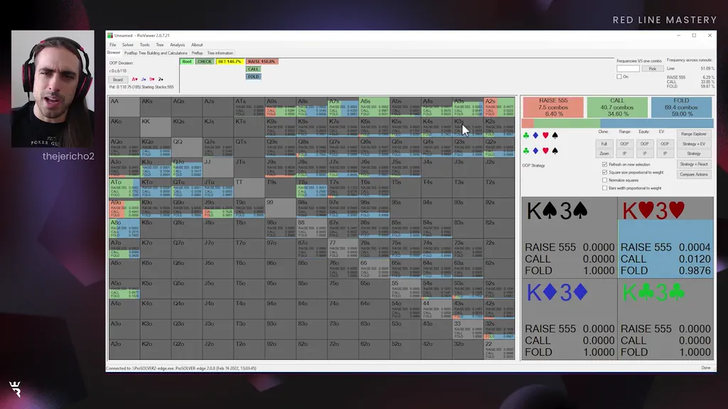 Solver range grid in the Calling Turn Overbets episode of Run It Once Red Line Mastery