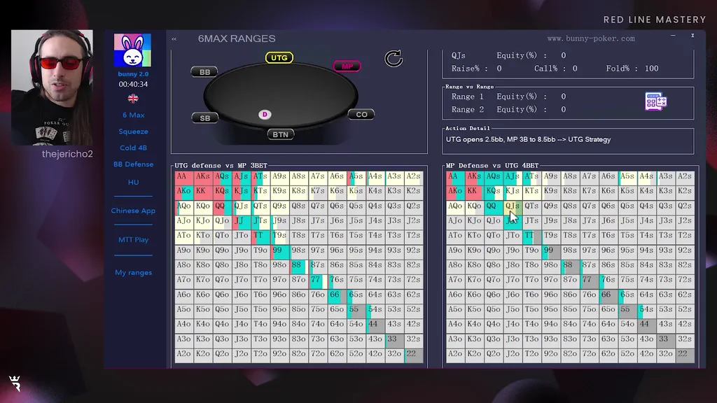 Hand replayer with preflop ranges in the Nobody Folds To 4bets Anymore episode of Run It Once Red Line Mastery