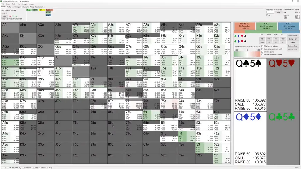 Solver range grid in the Check-Raising Fundamentals lesson of Upswing Red Line Rocketship