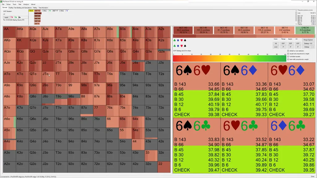 Solver output with bet sizes by hand in the Deception lesson of Upswing Red Line Rocketship