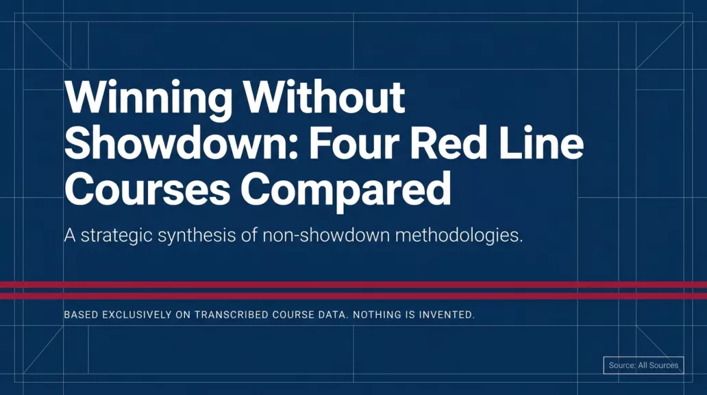 Slide 1 of 14: title slide, Winning Without Showdown, four red line poker courses compared