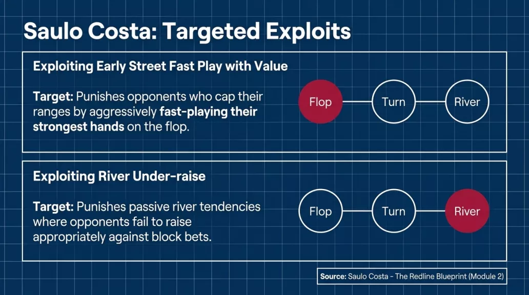 Slide 4 of 14: Saulo Costa targeted exploits, early street fast play with value and river under-raise node graphics