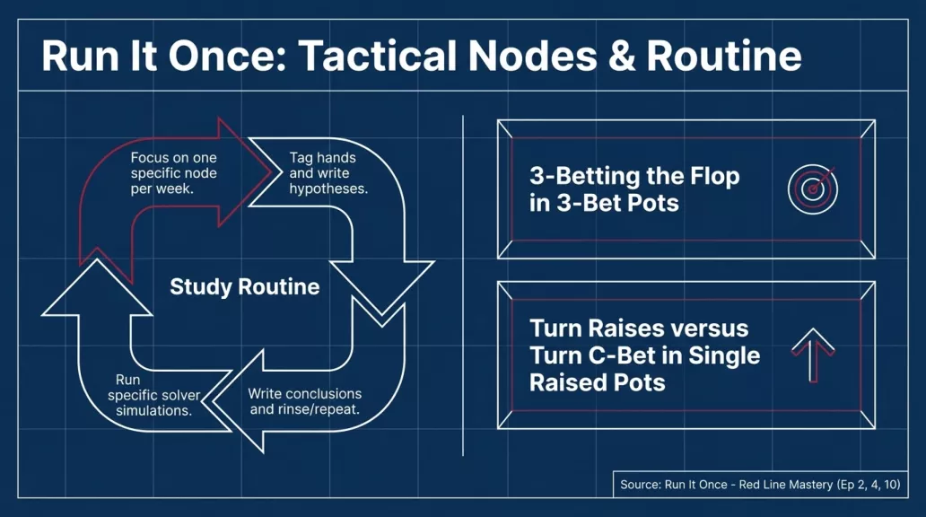 Slide 6 of 14: Run It Once tactical nodes, 3-betting the flop, turn raises and the weekly study loop