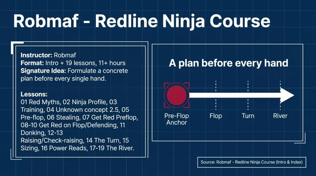 Slide 9 of 14: Robmaf Redline Ninja Course overview, intro plus 19 lessons, 11+ hours, a plan before every hand