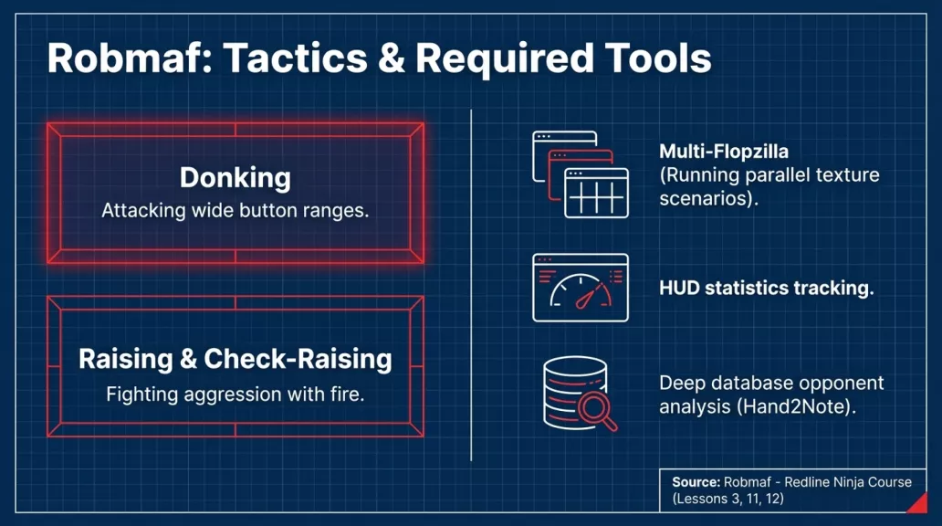 Slide 10 of 14: Robmaf tactics and tools, donking, check-raising, multiple Flopzilla windows and HUD stats