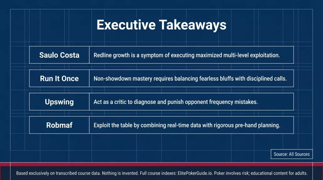 Slide 14 of 14: Executive Takeaways, one-line red line lesson from Saulo Costa, Run It Once, Upswing and Robmaf