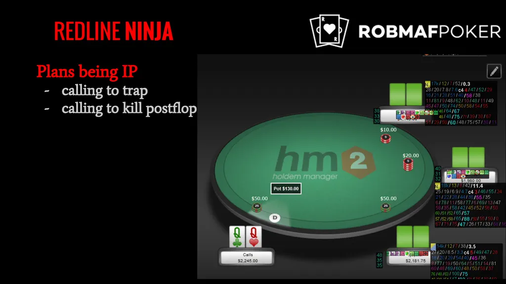 Slide with plans for playing in position: calling to trap and calling to kill postflop, from Robmaf's Redline Ninja Course