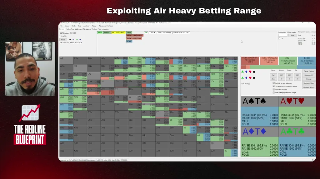 Solver range grid in the Exploiting Air Heavy Betting Range lesson of Saulo Costa's The Redline Blueprint