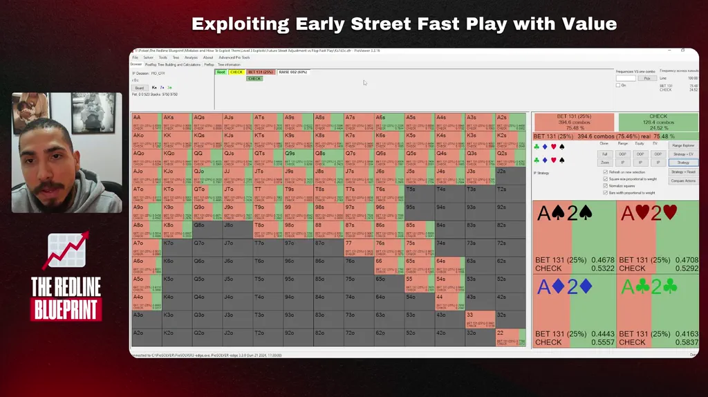 Solver range grid in the Exploiting Early Street Fastplay with Value lesson of The Redline Blueprint